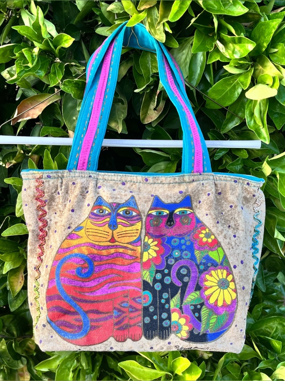 Vintage Laurel Burch Colorful Cats Zip Top Canvas Tote Bag